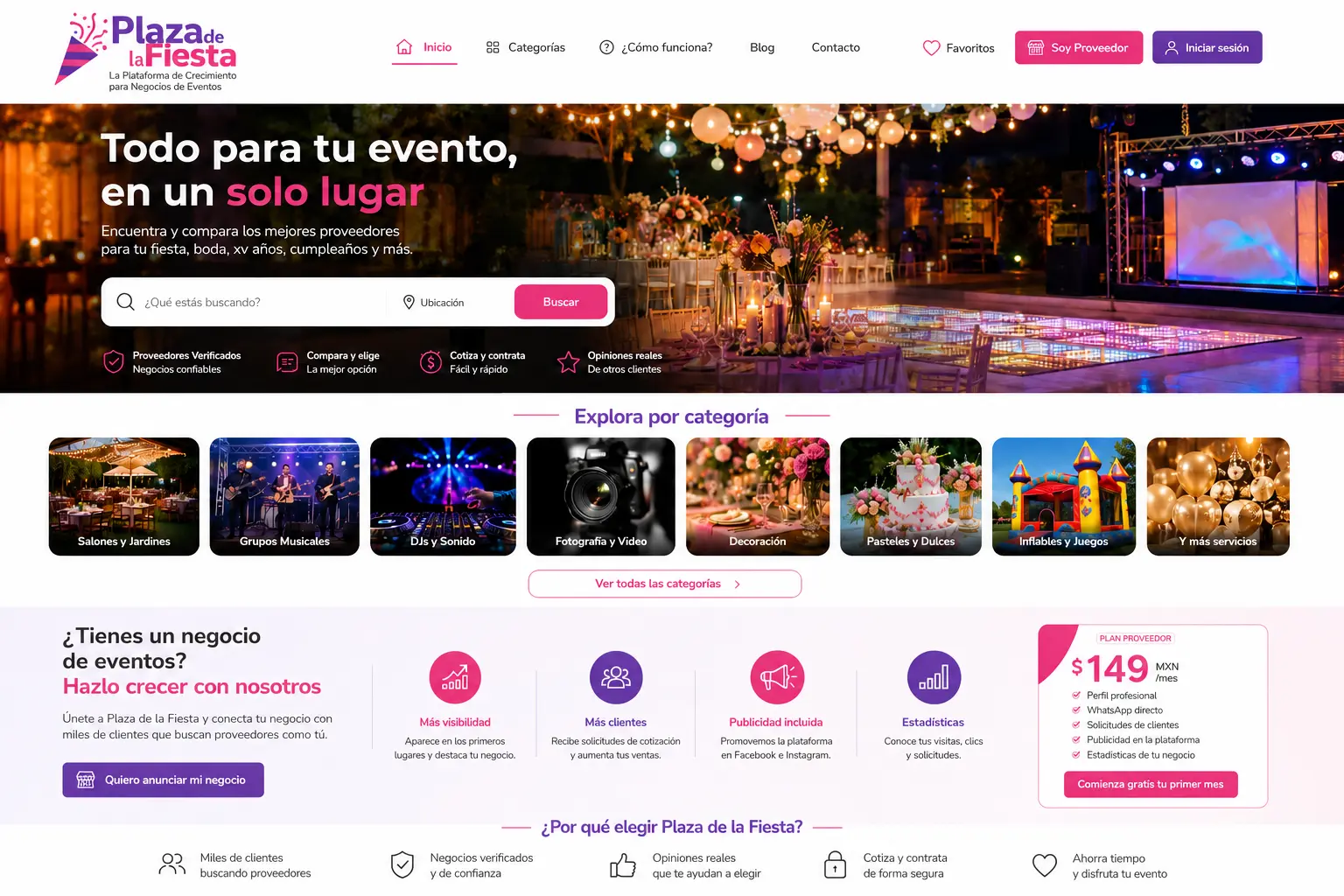 Todo para tu evento, en un solo lugar. Encuentra y compara proveedores para bodas, XV años, cumpleaños, bautizos, graduaciones y más.